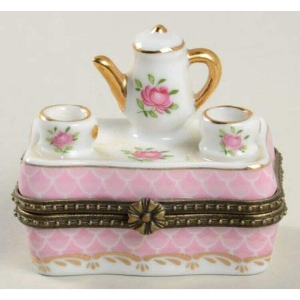 Vintage China Tea Time Trinket or Pill Box Pink Roses Teapot Teacups Not Hinged